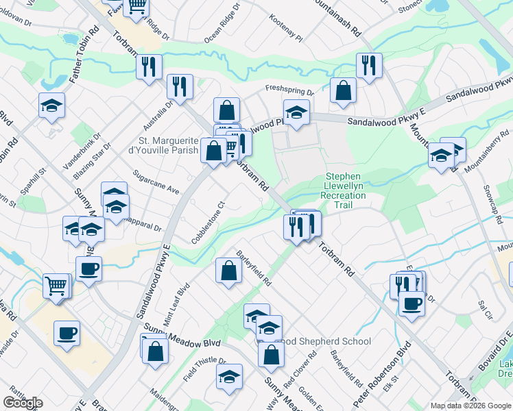 map of restaurants, bars, coffee shops, grocery stores, and more near 82 Cobblestone Court in Brampton