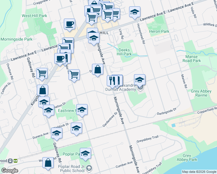 map of restaurants, bars, coffee shops, grocery stores, and more near 162 Morningside Avenue in Toronto