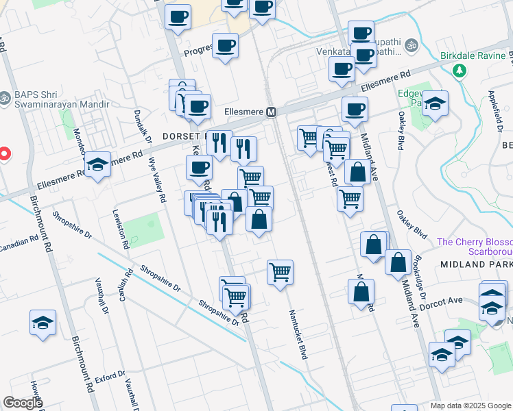 map of restaurants, bars, coffee shops, grocery stores, and more near 330 Nantucket Boulevard in Toronto