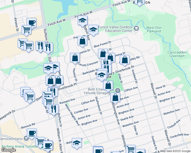 map of restaurants, bars, coffee shops, grocery stores, and more near in Toronto