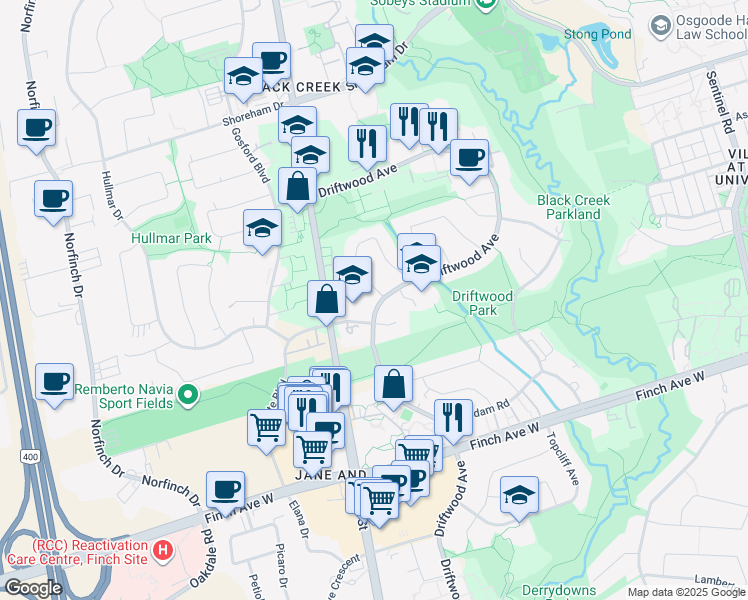 map of restaurants, bars, coffee shops, grocery stores, and more near in Toronto
