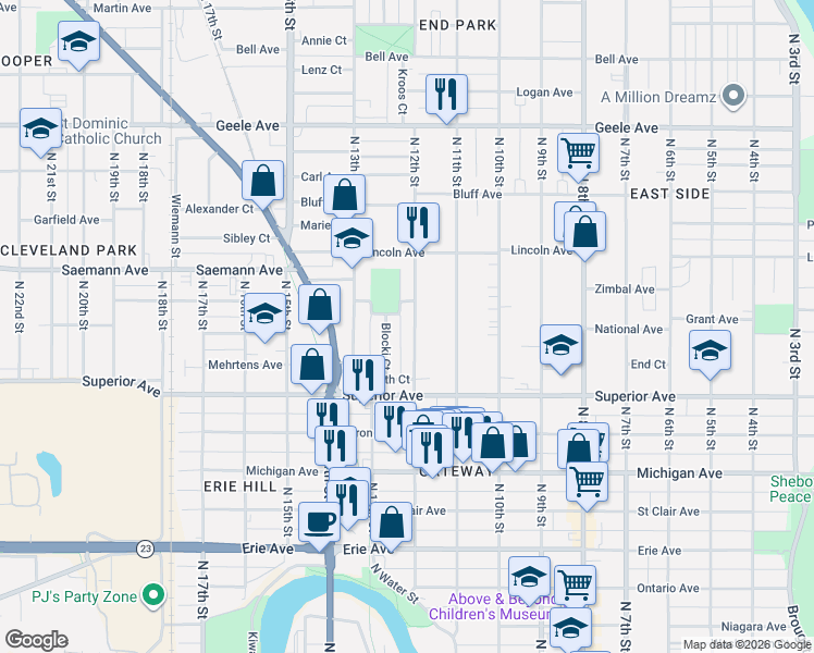 map of restaurants, bars, coffee shops, grocery stores, and more near 1624 North 12th Street in Sheboygan