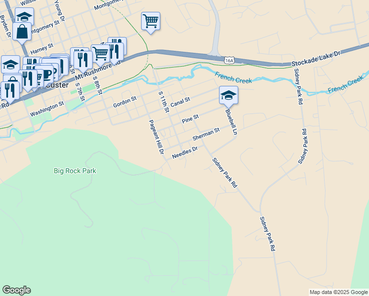map of restaurants, bars, coffee shops, grocery stores, and more near 1130 Needles Drive in Custer