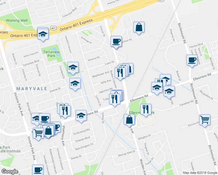 map of restaurants, bars, coffee shops, grocery stores, and more near 40 Japonica Road in Toronto