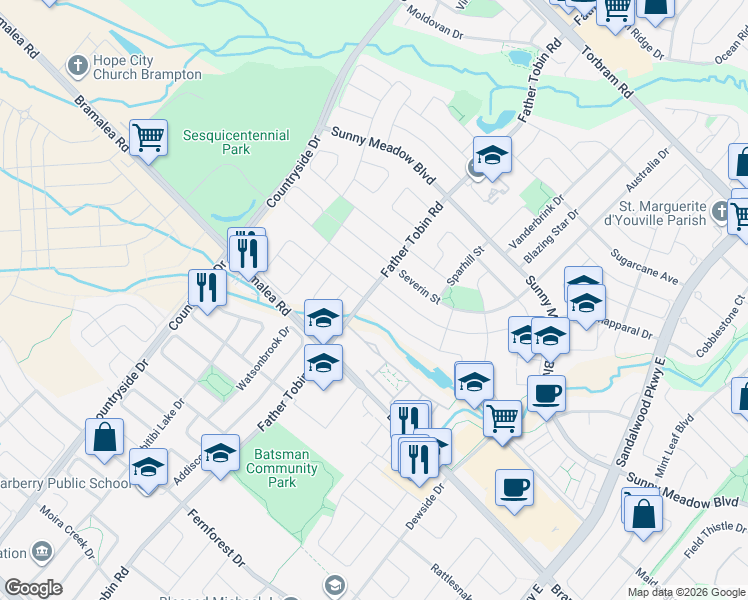 map of restaurants, bars, coffee shops, grocery stores, and more near 322 Father Tobin Road in Brampton