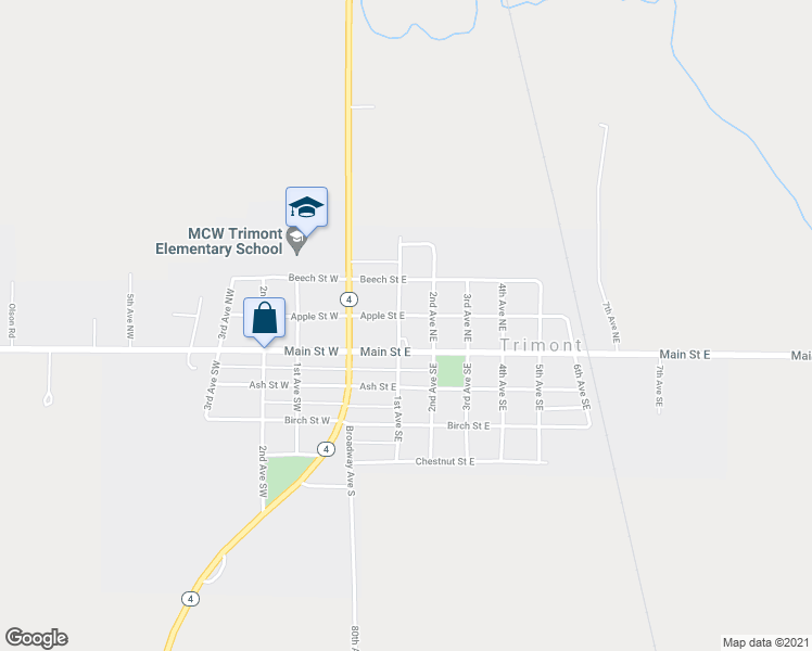 map of restaurants, bars, coffee shops, grocery stores, and more near 121 Main Street East in Trimont