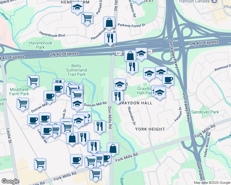 map of restaurants, bars, coffee shops, grocery stores, and more near in Toronto