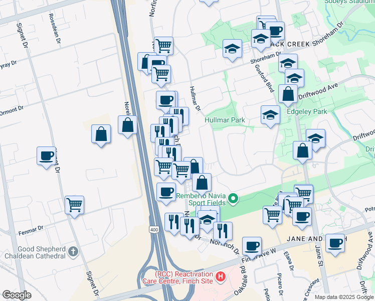 map of restaurants, bars, coffee shops, grocery stores, and more near 125 Norfinch Drive in Toronto