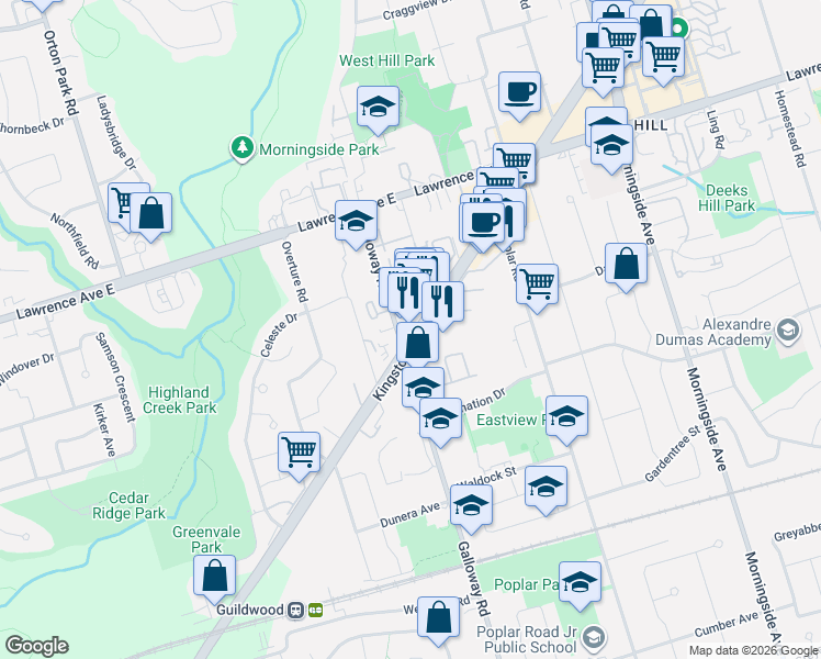 map of restaurants, bars, coffee shops, grocery stores, and more near 4262 Kingston Road in Toronto