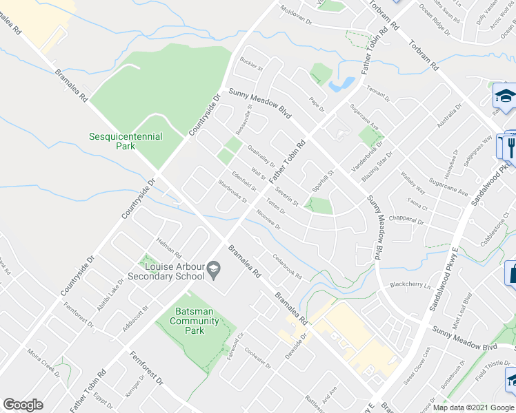 map of restaurants, bars, coffee shops, grocery stores, and more near 311 Father Tobin Road in Brampton