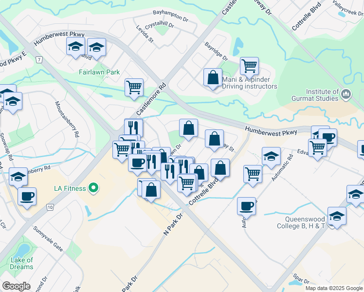 map of restaurants, bars, coffee shops, grocery stores, and more near 25 Triple Crown Drive in Brampton