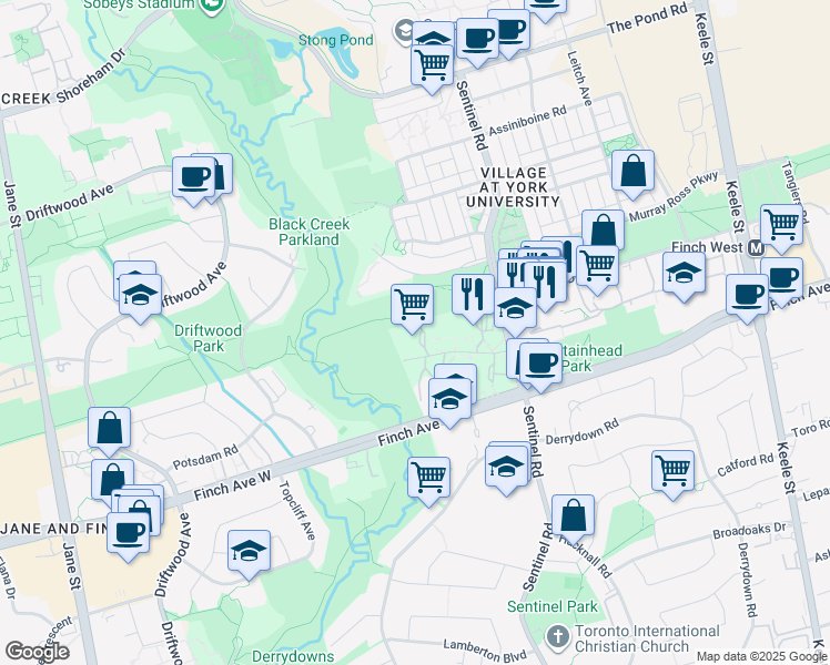 map of restaurants, bars, coffee shops, grocery stores, and more near 40 Fountainhead Road in Toronto
