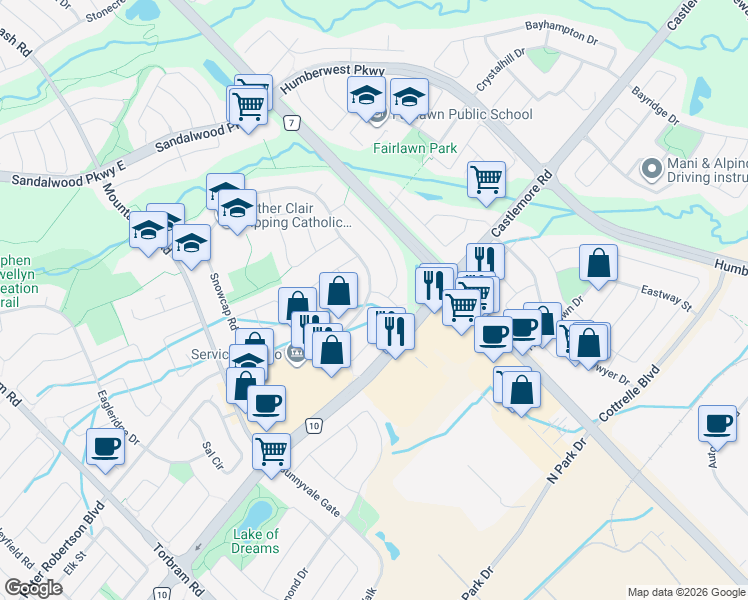 map of restaurants, bars, coffee shops, grocery stores, and more near 184 Mountainberry Road in Brampton