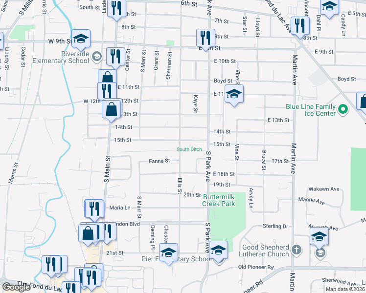 map of restaurants, bars, coffee shops, grocery stores, and more near 579 Ellis Street in Fond du Lac