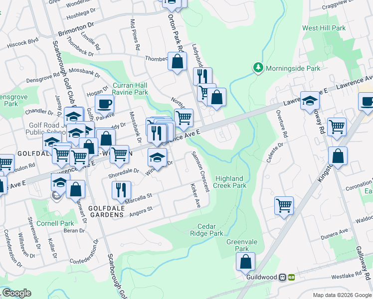 map of restaurants, bars, coffee shops, grocery stores, and more near 69 Samson Crescent in Toronto