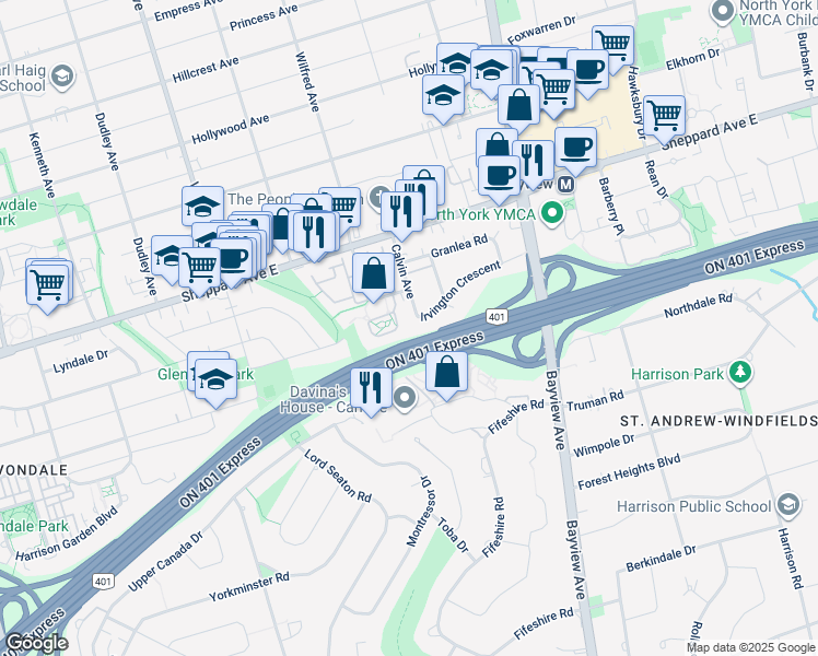 map of restaurants, bars, coffee shops, grocery stores, and more near 30 Fashion Roseway in Toronto