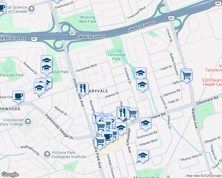 map of restaurants, bars, coffee shops, grocery stores, and more near in Toronto