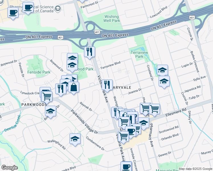 map of restaurants, bars, coffee shops, grocery stores, and more near in Toronto