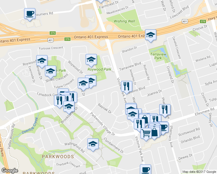map of restaurants, bars, coffee shops, grocery stores, and more near in Toronto