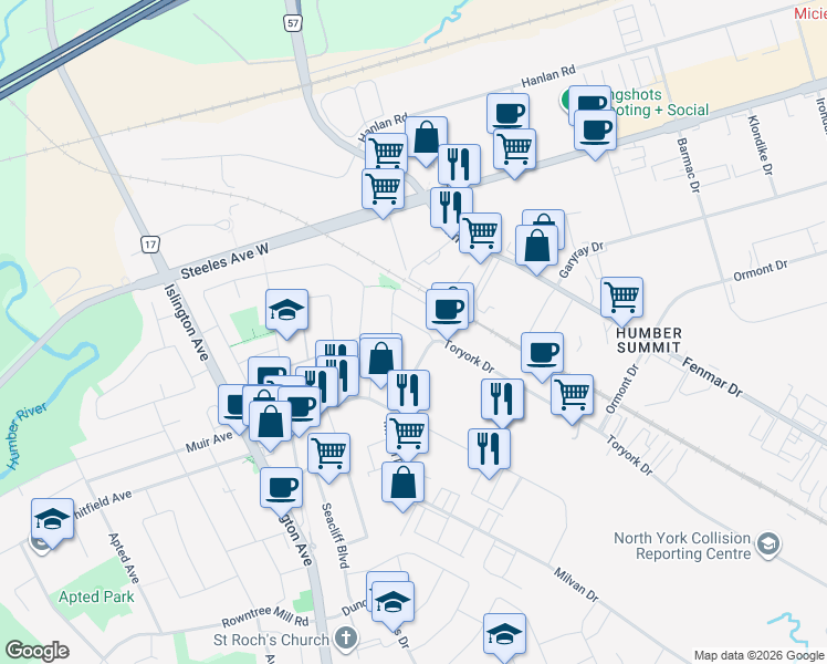 map of restaurants, bars, coffee shops, grocery stores, and more near in Toronto