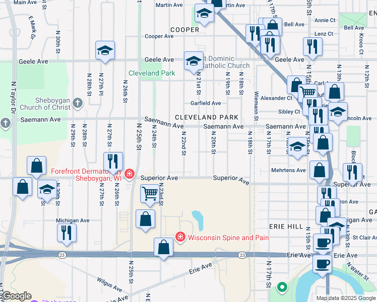 map of restaurants, bars, coffee shops, grocery stores, and more near 1543 North 22nd Street in Sheboygan