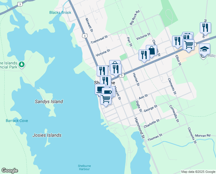 map of restaurants, bars, coffee shops, grocery stores, and more near 158 Water Street in Shelburne