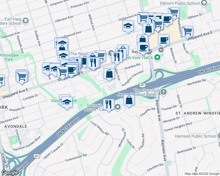 map of restaurants, bars, coffee shops, grocery stores, and more near 10 Fashion Roseway in Toronto