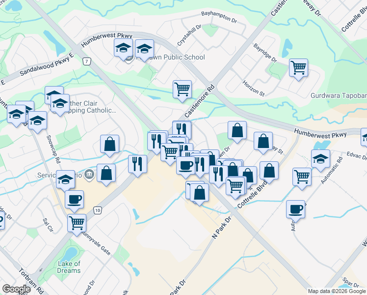 map of restaurants, bars, coffee shops, grocery stores, and more near 9970 Airport Road in Brampton