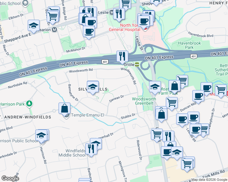 map of restaurants, bars, coffee shops, grocery stores, and more near 37 Shouldice Court in Toronto