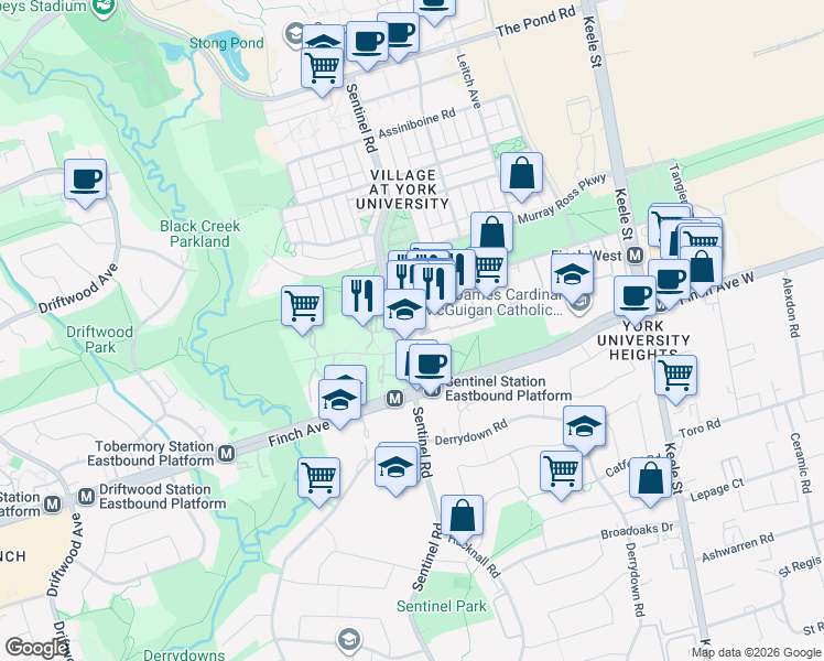 map of restaurants, bars, coffee shops, grocery stores, and more near 455 Sentinel Road in Toronto