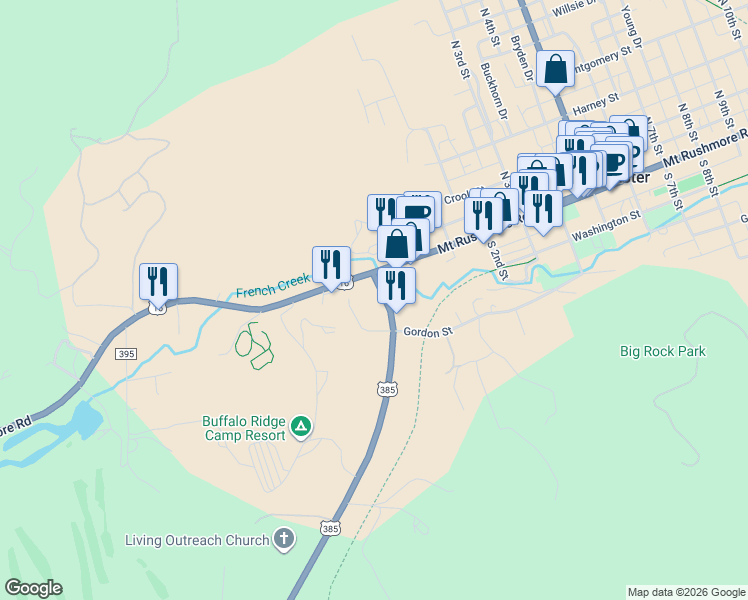 map of restaurants, bars, coffee shops, grocery stores, and more near 35 Centennial Drive in Custer