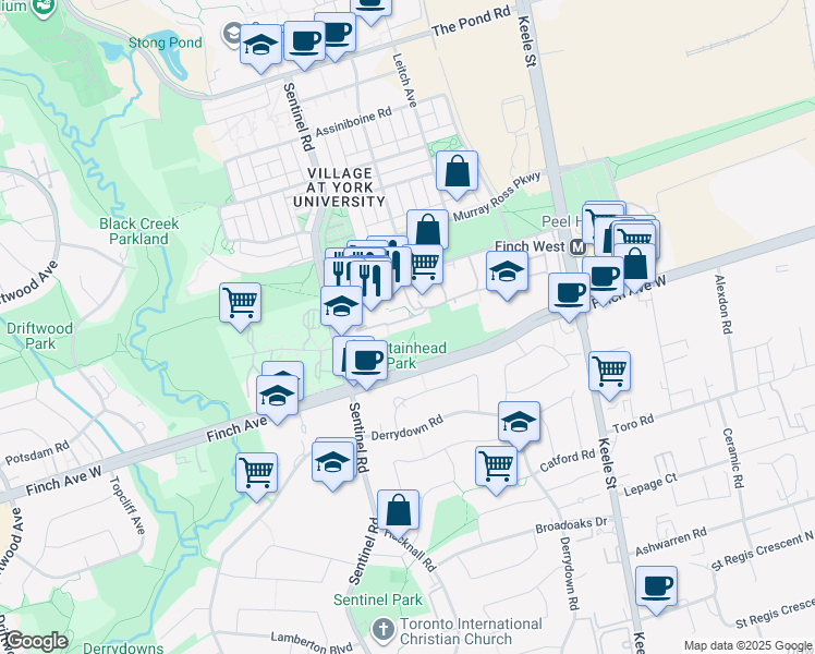 map of restaurants, bars, coffee shops, grocery stores, and more near 35 Four Winds Drive in Toronto