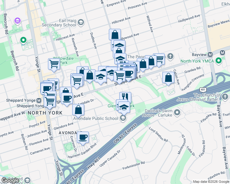 map of restaurants, bars, coffee shops, grocery stores, and more near 12 Craigmore Crescent in Toronto