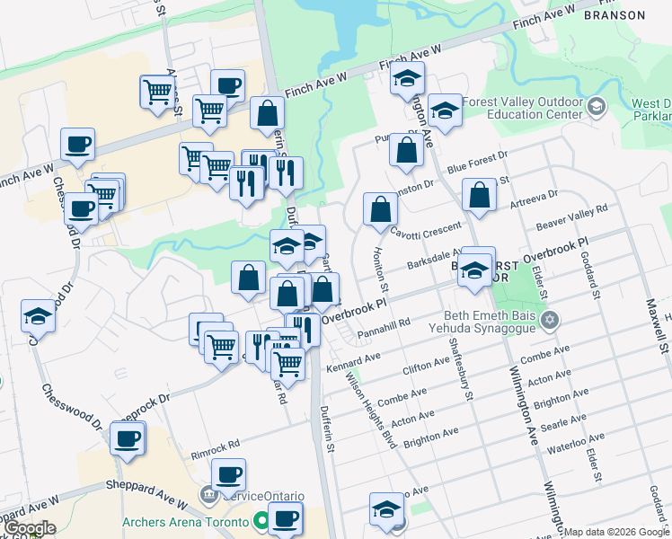 map of restaurants, bars, coffee shops, grocery stores, and more near in Toronto