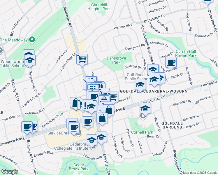 map of restaurants, bars, coffee shops, grocery stores, and more near 15 Shawford Crescent in Toronto
