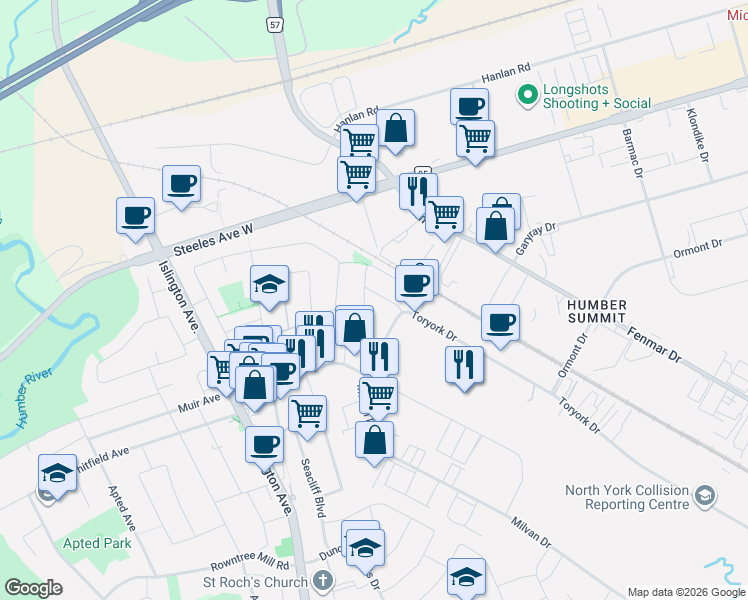 map of restaurants, bars, coffee shops, grocery stores, and more near 25 Oliti Court in Toronto