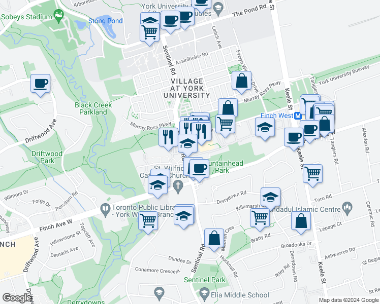 map of restaurants, bars, coffee shops, grocery stores, and more near 455 Sentinel Road in Toronto
