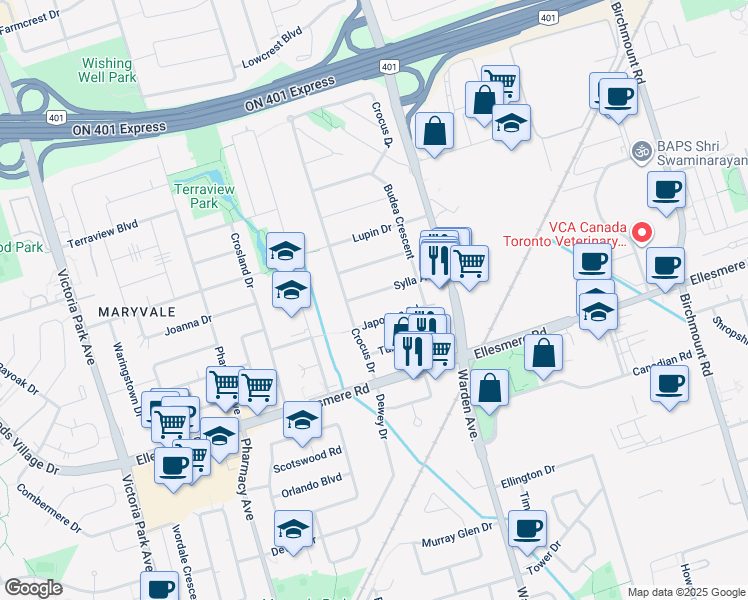 map of restaurants, bars, coffee shops, grocery stores, and more near 9 Sylla Avenue in Toronto