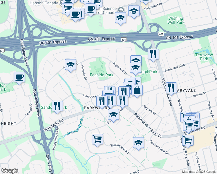 map of restaurants, bars, coffee shops, grocery stores, and more near Tulane Crescent in Toronto