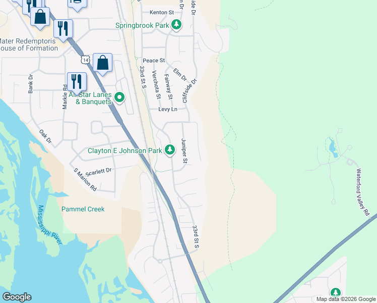 map of restaurants, bars, coffee shops, grocery stores, and more near 4625 Juniper Street in La Crosse