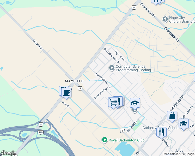 map of restaurants, bars, coffee shops, grocery stores, and more near 6 Folgate Crescent in Brampton