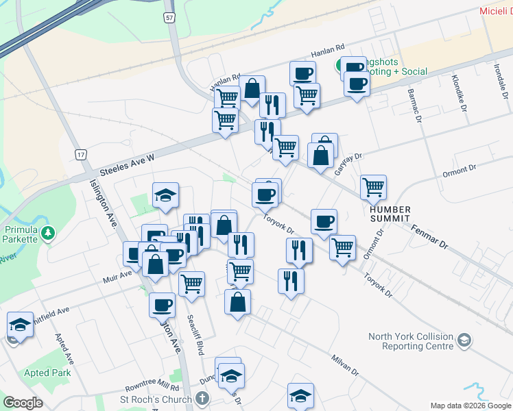 map of restaurants, bars, coffee shops, grocery stores, and more near 6 Oliti Court in Toronto