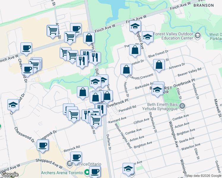 map of restaurants, bars, coffee shops, grocery stores, and more near 35 Garthdale Court in Toronto