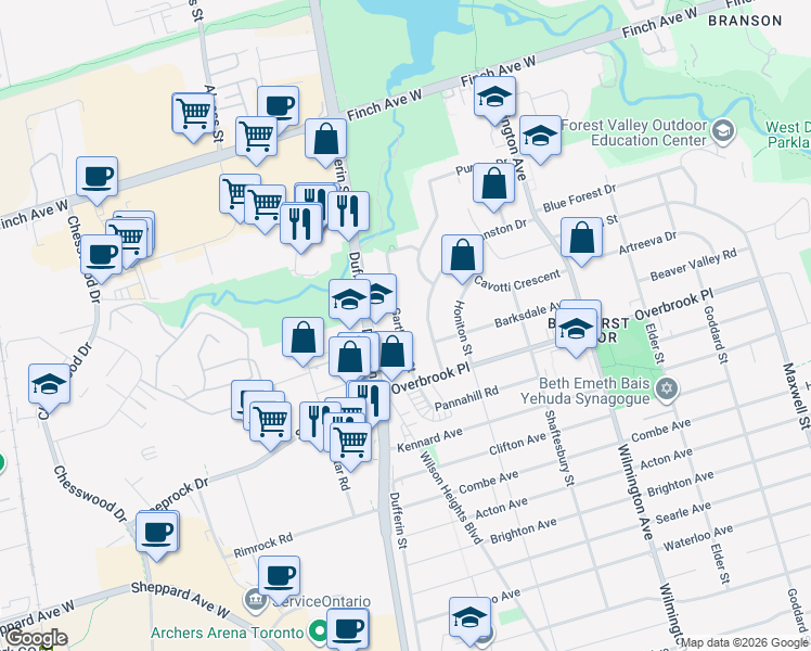 map of restaurants, bars, coffee shops, grocery stores, and more near 35 Garthdale Court in Toronto