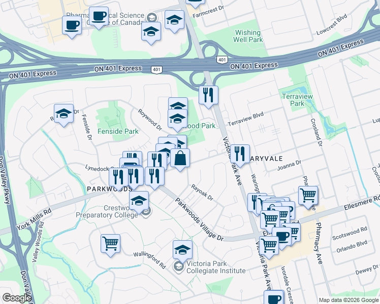map of restaurants, bars, coffee shops, grocery stores, and more near 1338 York Mills Road in Toronto