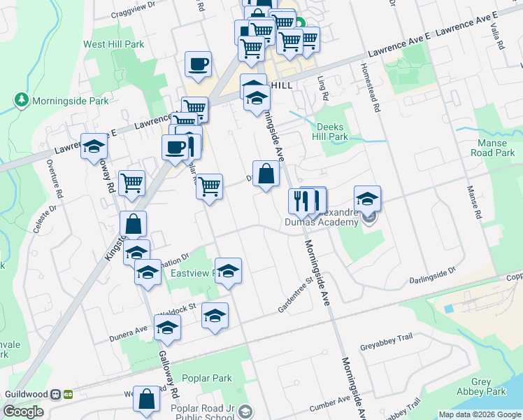 map of restaurants, bars, coffee shops, grocery stores, and more near 7 Limevale Crescent in Toronto
