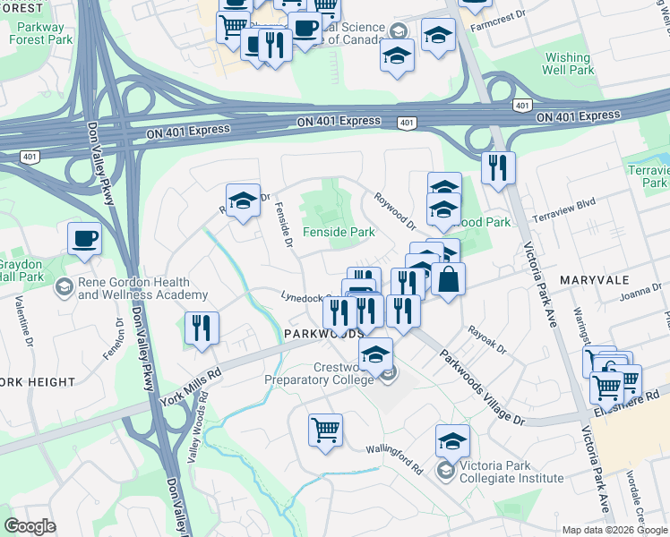map of restaurants, bars, coffee shops, grocery stores, and more near 34 Tulane Crescent in Toronto