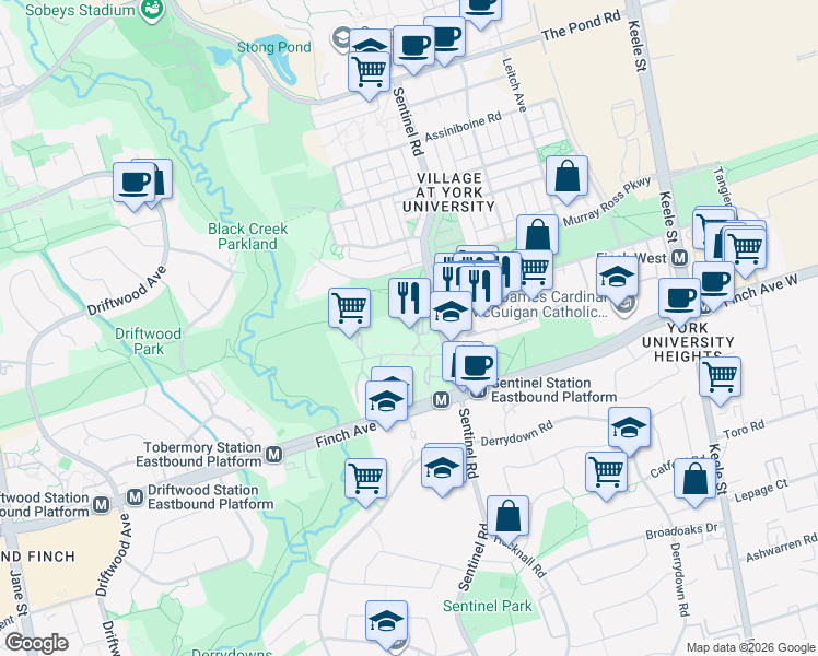 map of restaurants, bars, coffee shops, grocery stores, and more near 470 Sentinel Road in Toronto
