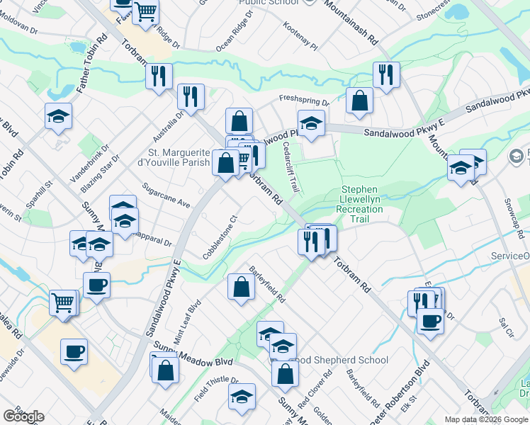 map of restaurants, bars, coffee shops, grocery stores, and more near 76 Cobblestone Court in Brampton