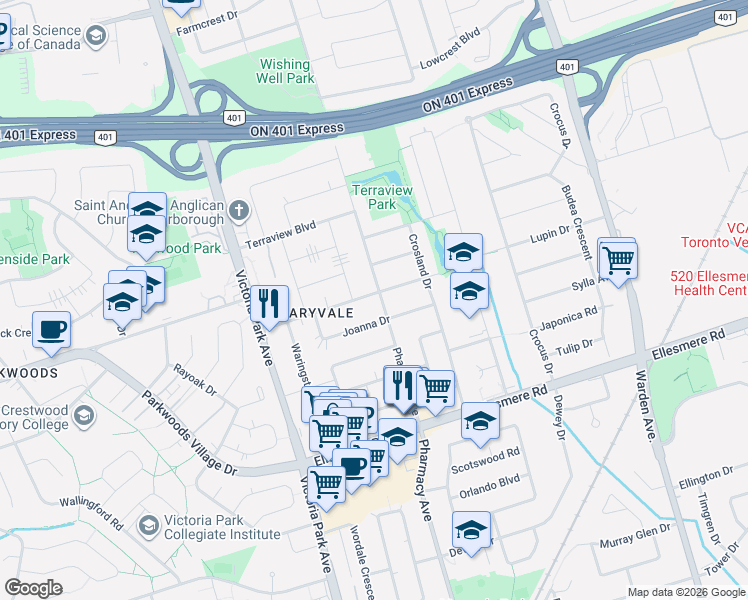 map of restaurants, bars, coffee shops, grocery stores, and more near 63 Pachino Boulevard in Toronto